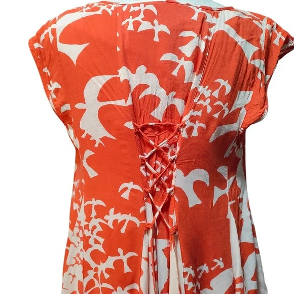 Maeve x Anthropologie Orange White Bird Print Cap Sleeve Dress Rayon Size Small - Picture 9 of 13